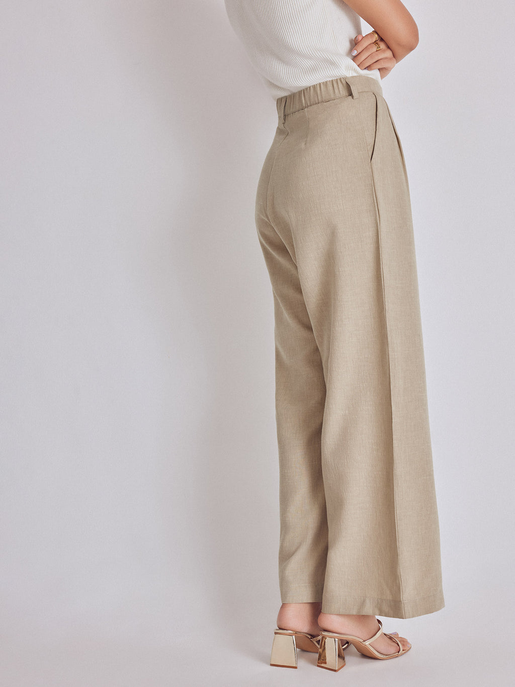 Beige High Waisted Pleated Pants