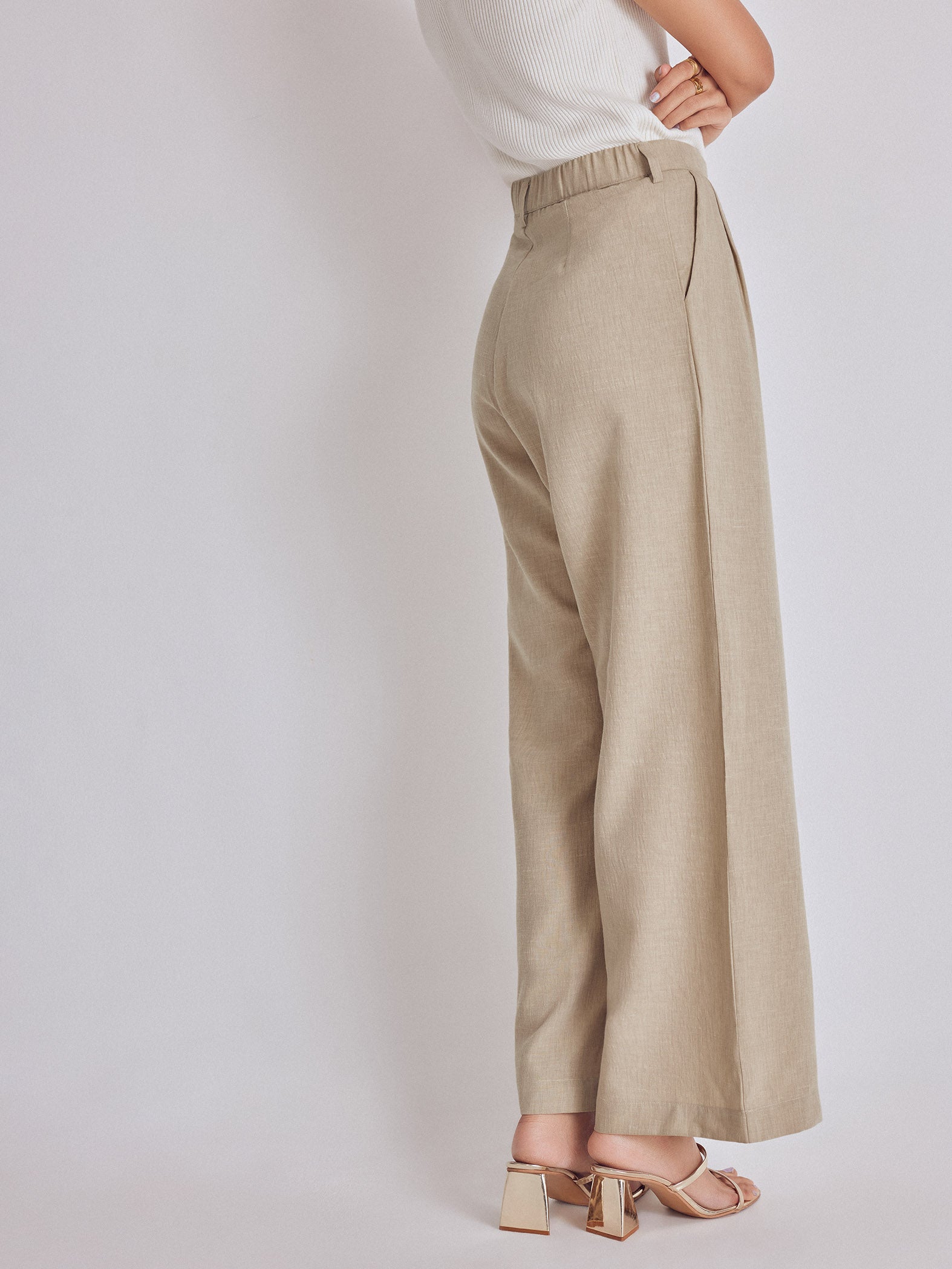 Beige High Waisted Pleated Pants