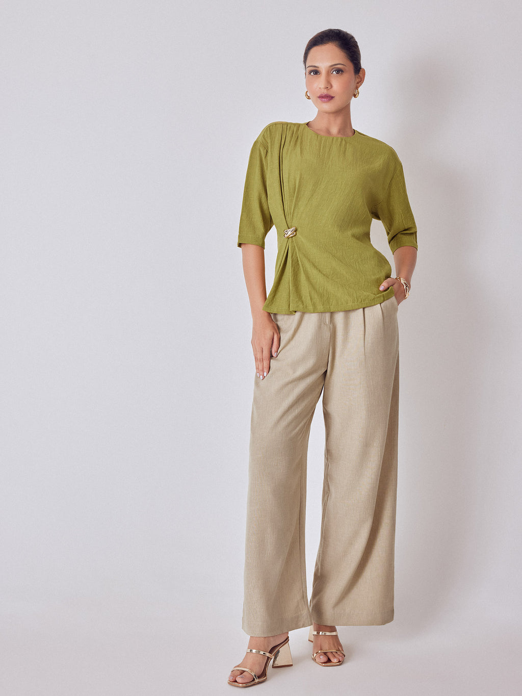 Beige High Waisted Pleated Pants