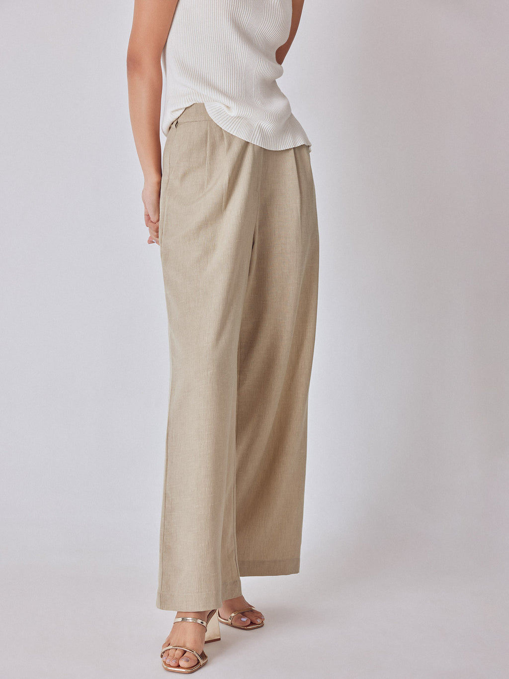 Beige High Waisted Pleated Pants