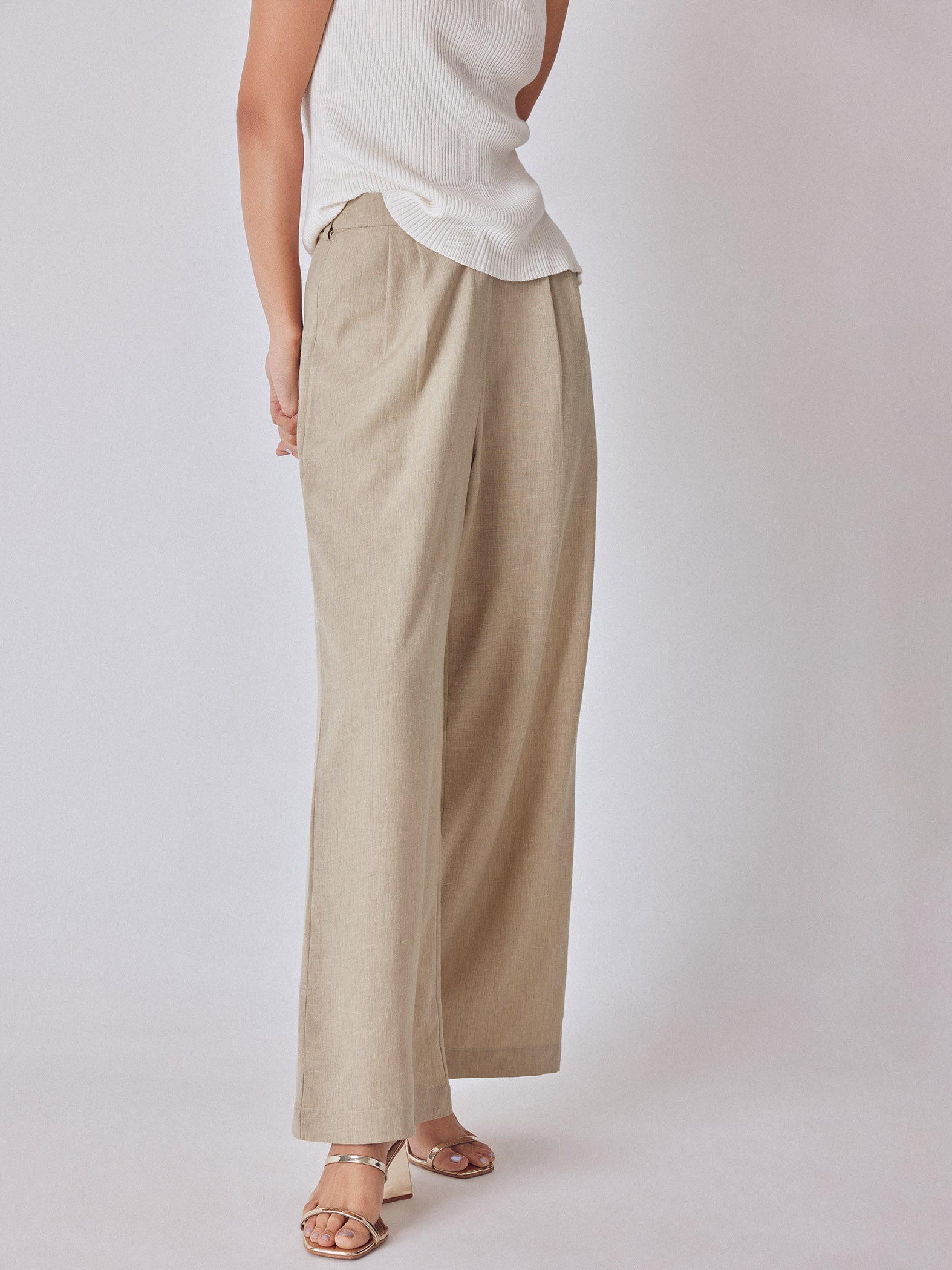 Beige High Waisted Pleated Pants