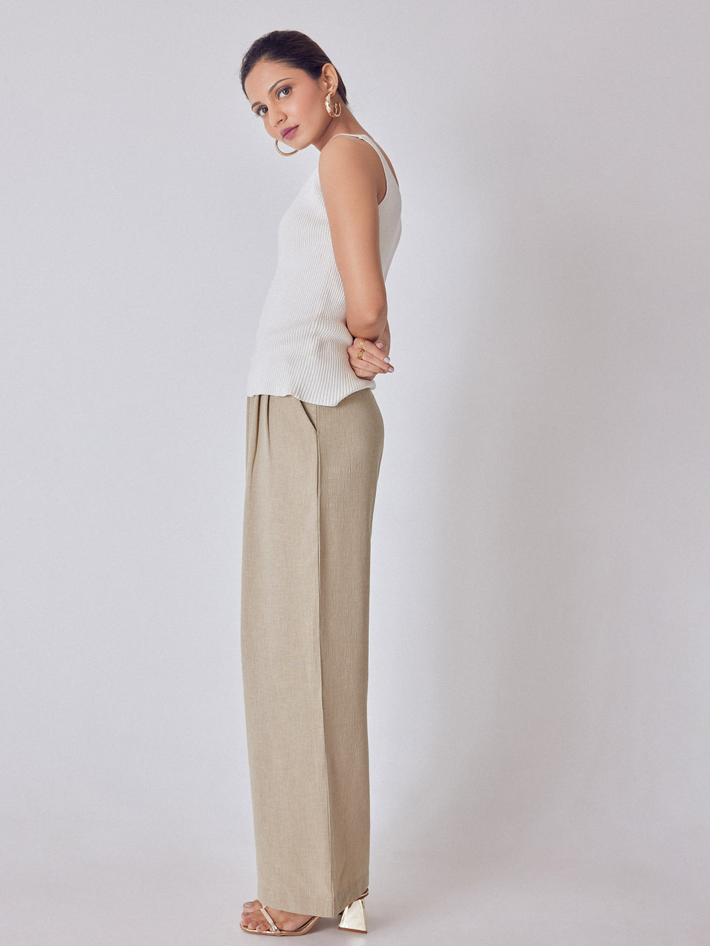 Beige High Waisted Pleated Pants