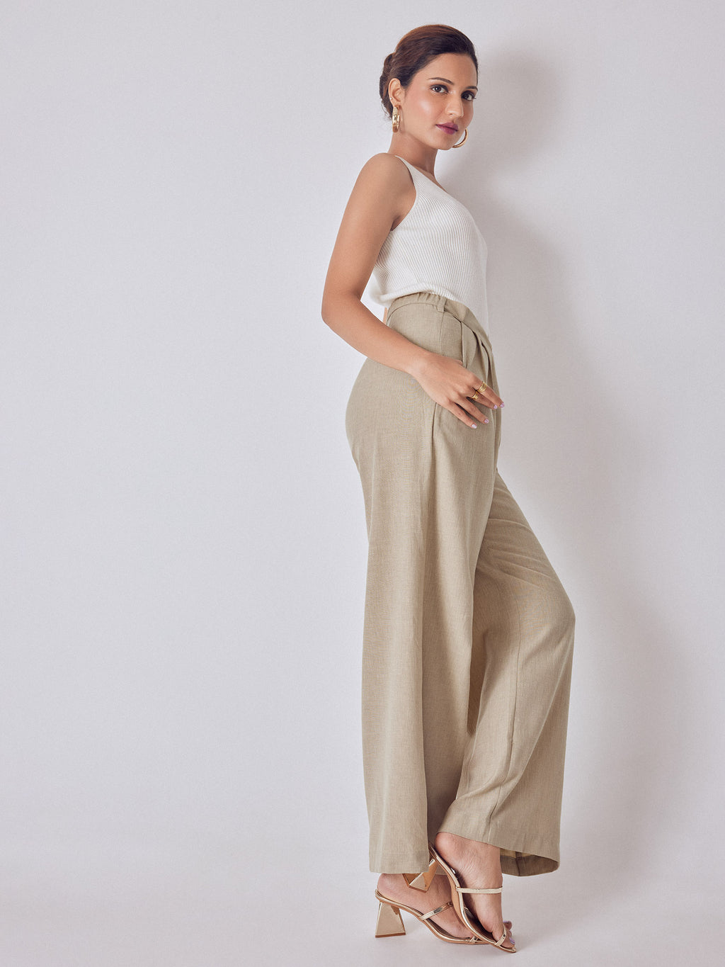 Beige High Waisted Pleated Pants