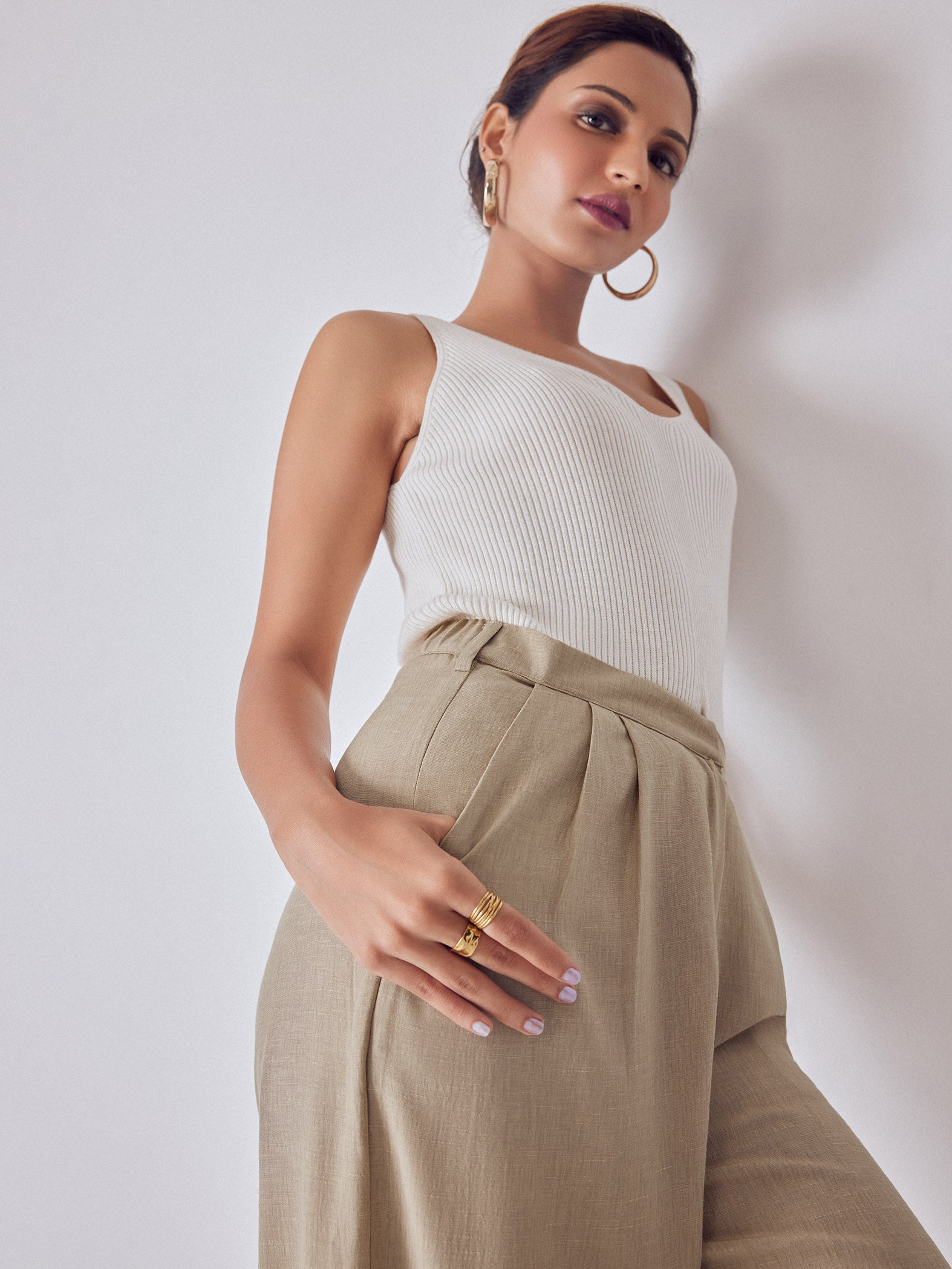 Beige High Waisted Pleated Pants