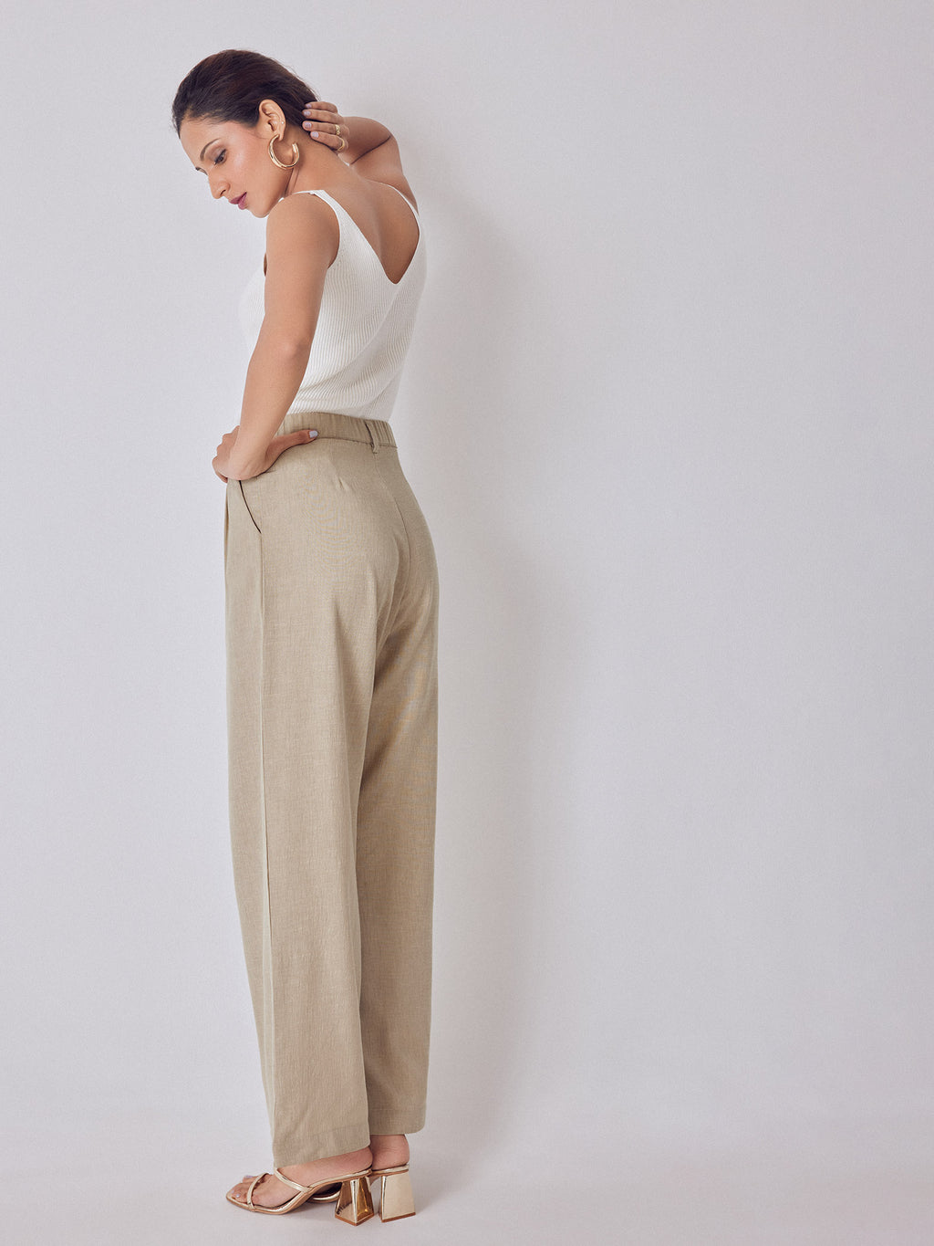 Beige High Waisted Pleated Pants