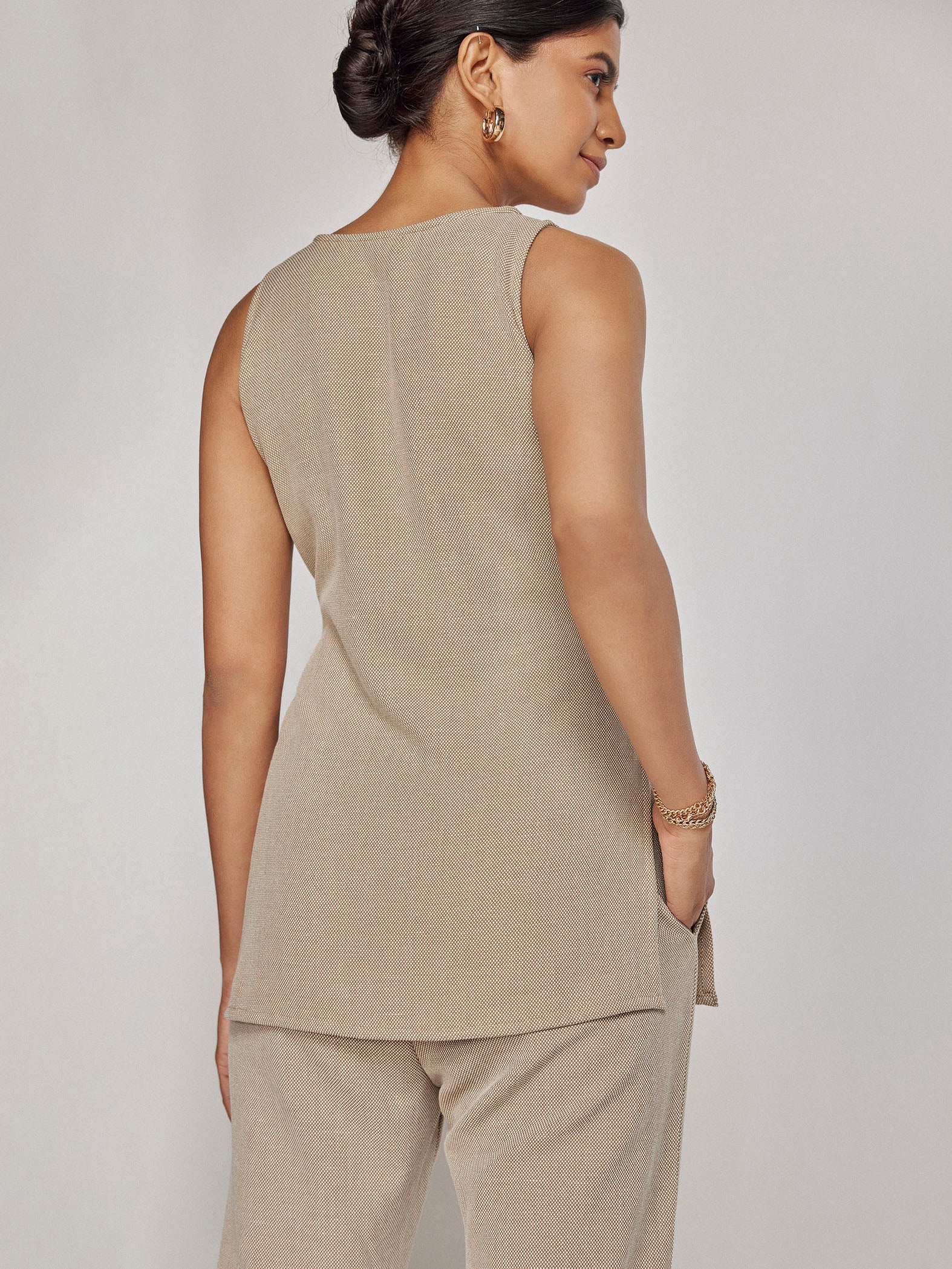 Beige Knit Front Tie Top