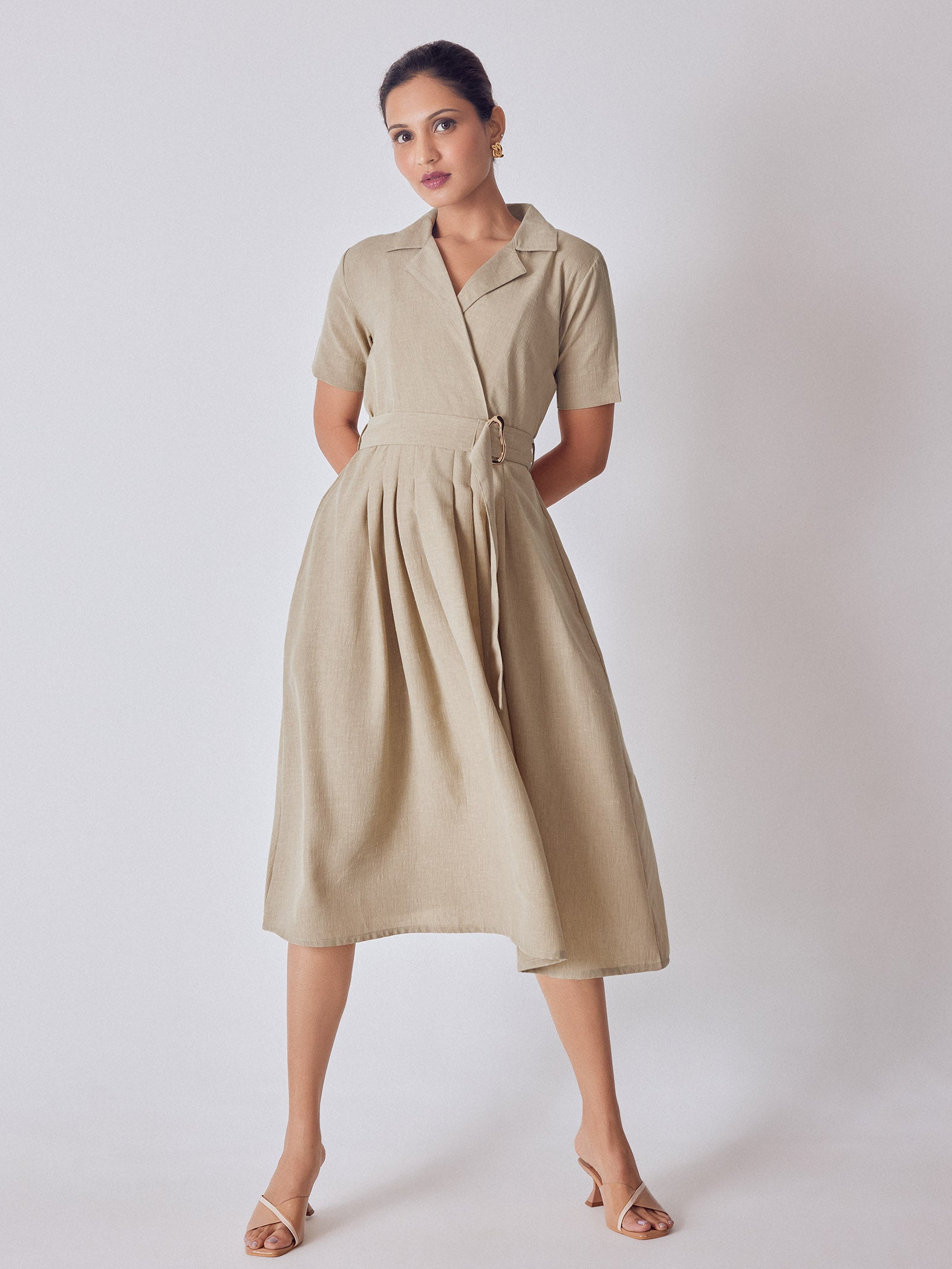 Beige Lapel Collar Belted Dress – The Label Life