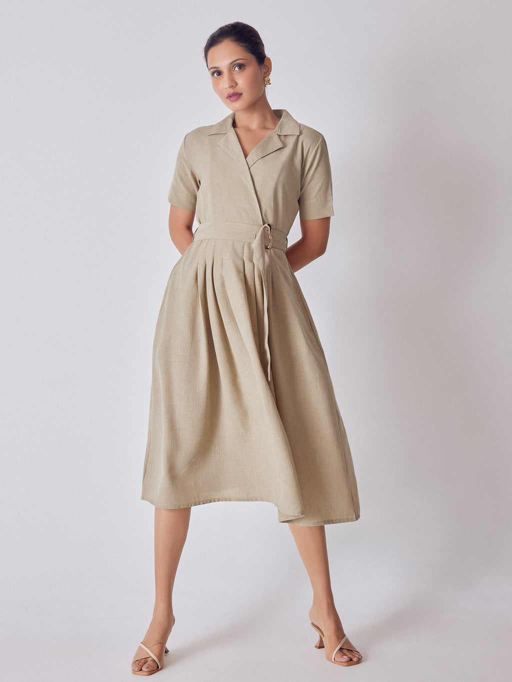 Beige Lapel Collar Belted Dress