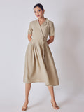 Beige Lapel Collar Belted Dress