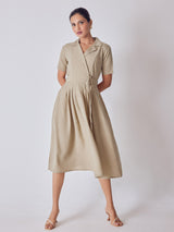 Beige Lapel Collar Belted Dress