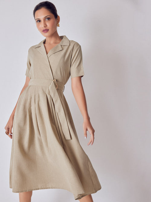 Beige Lapel Collar Belted Dress