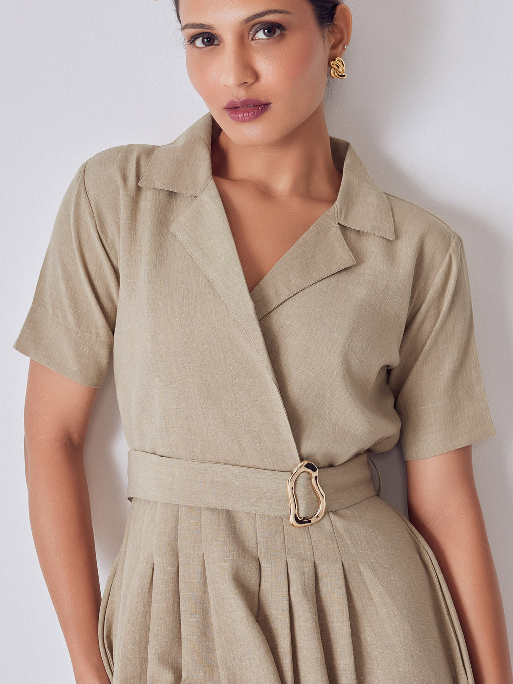Beige Lapel Collar Belted Dress