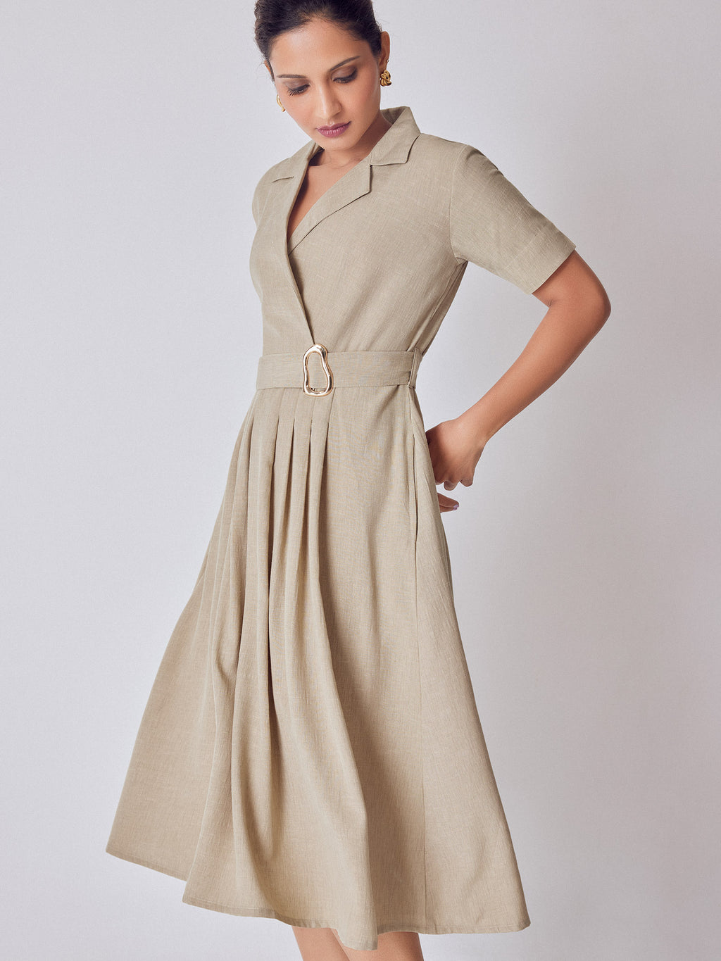 Beige Lapel Collar Belted Dress