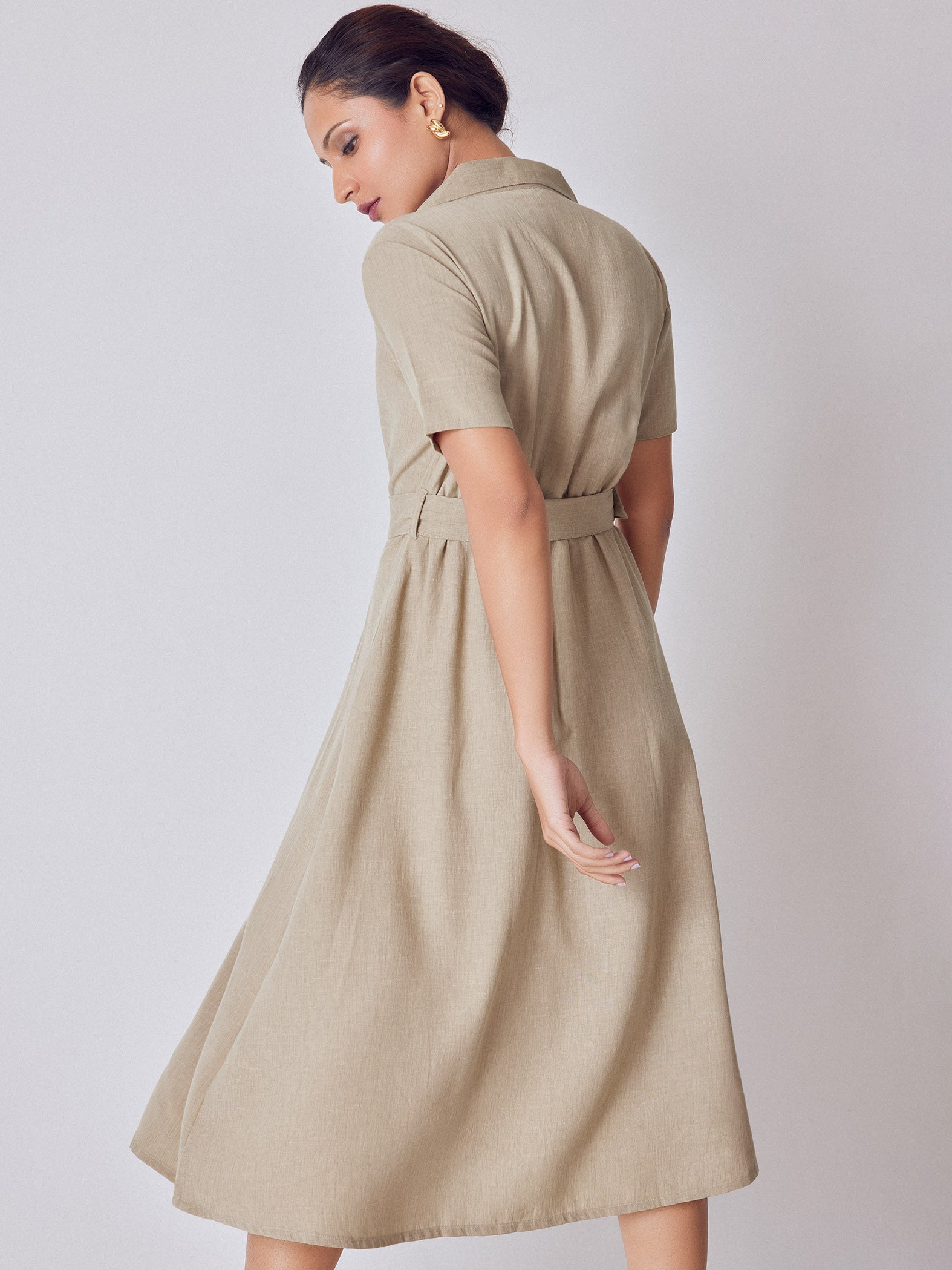 Beige Lapel Collar Belted Dress