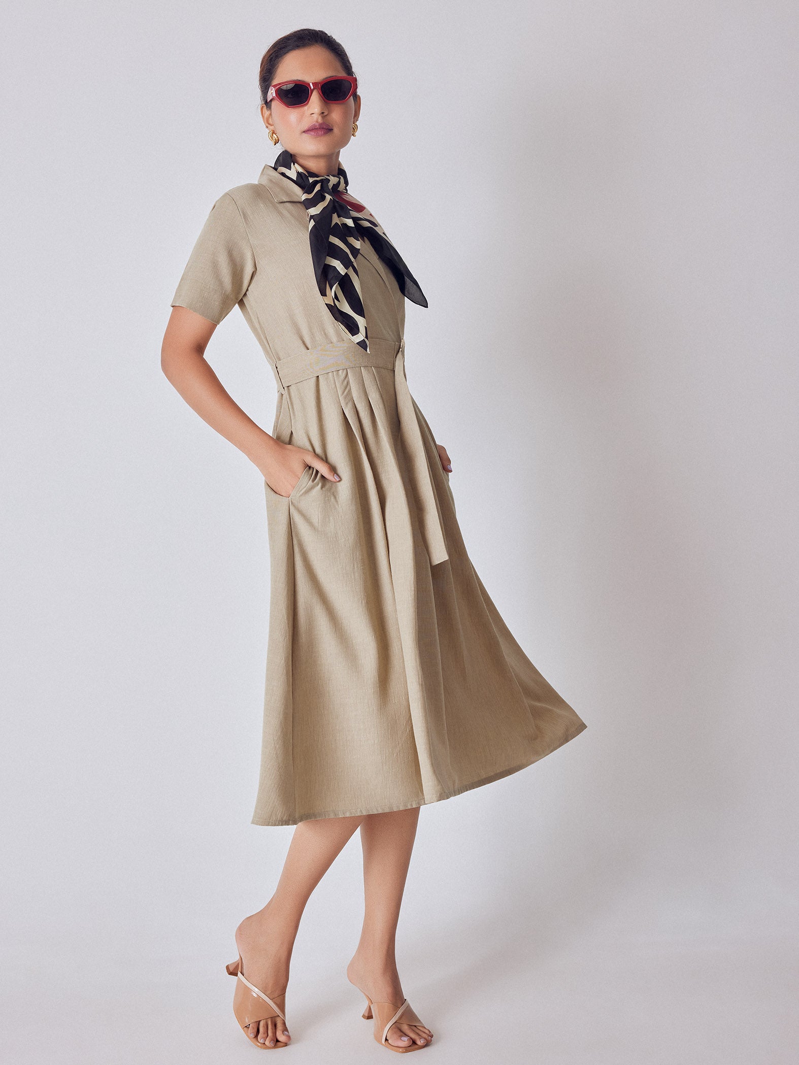 Beige Lapel Collar Belted Dress