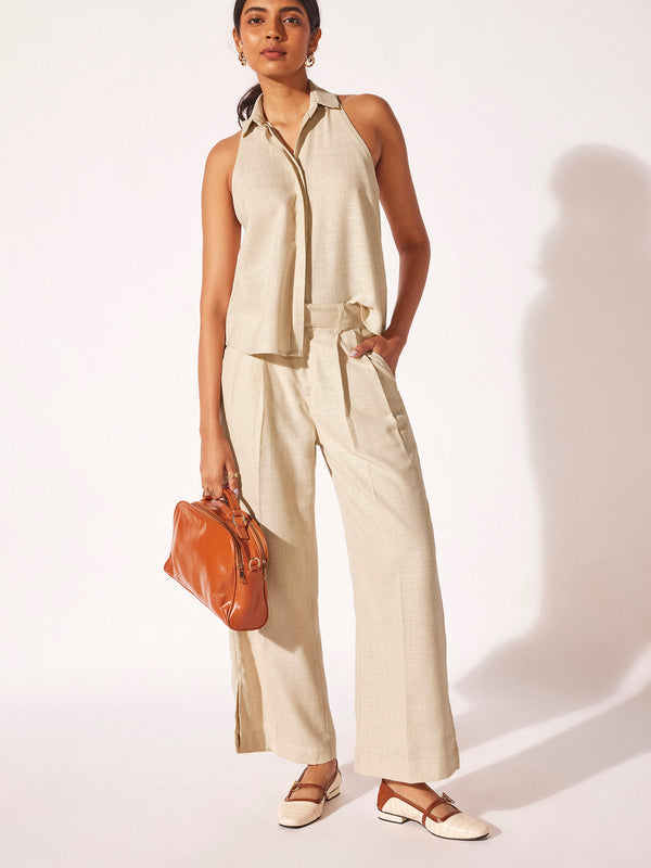 Beige Linen Pleated Trousers