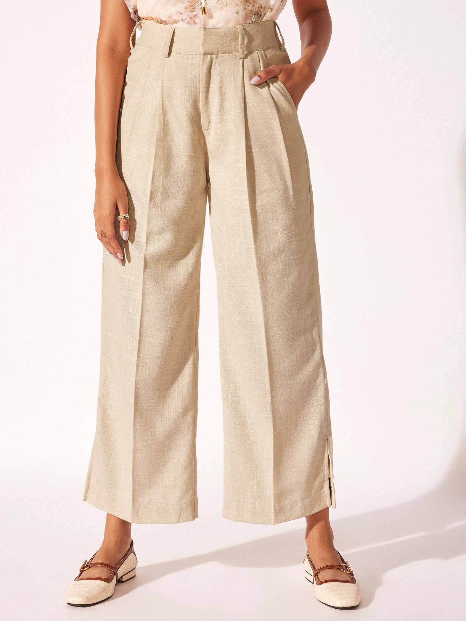 Beige Linen Pleated Trousers