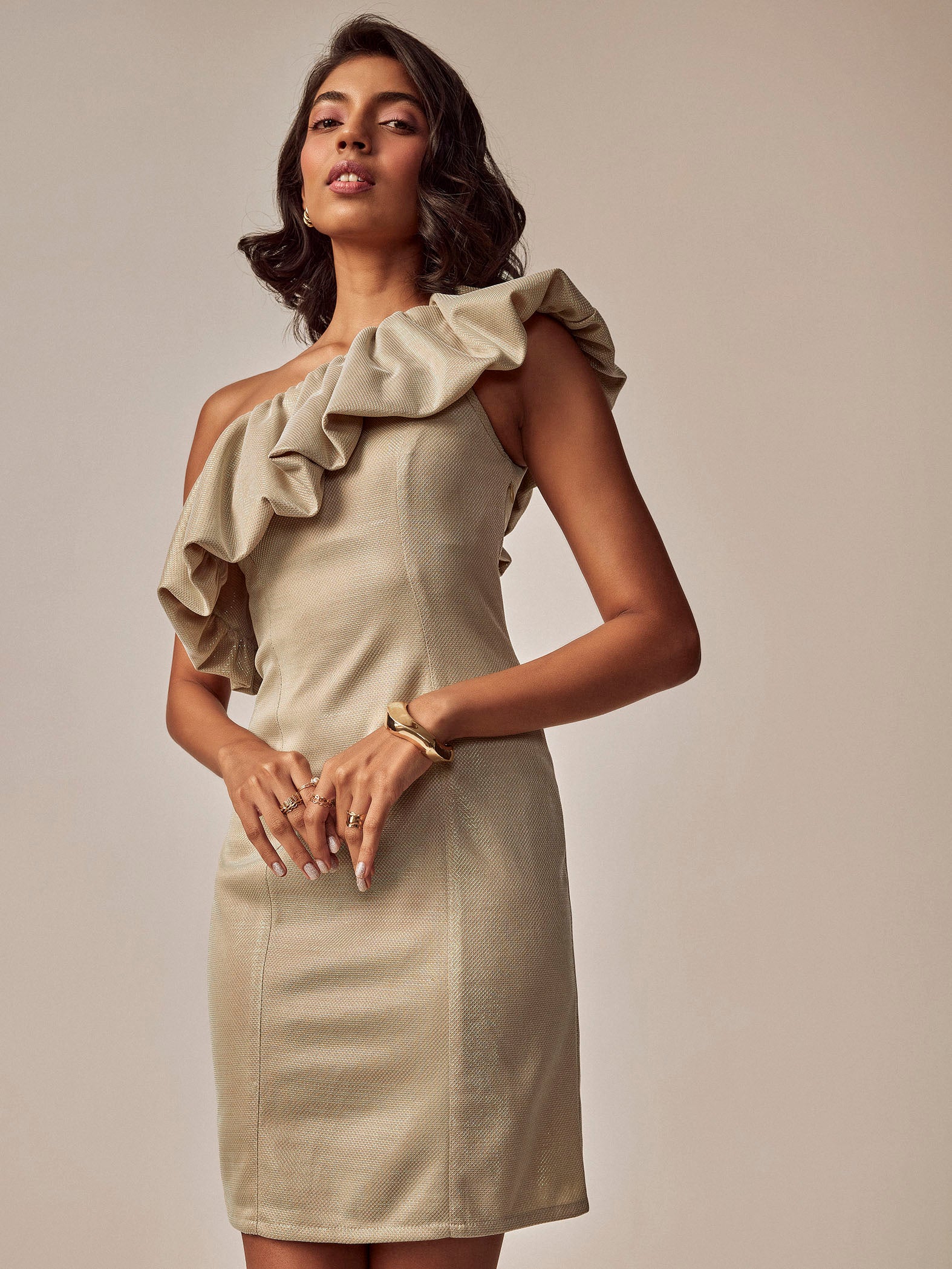 Beige Sequin One Shoulder Dress