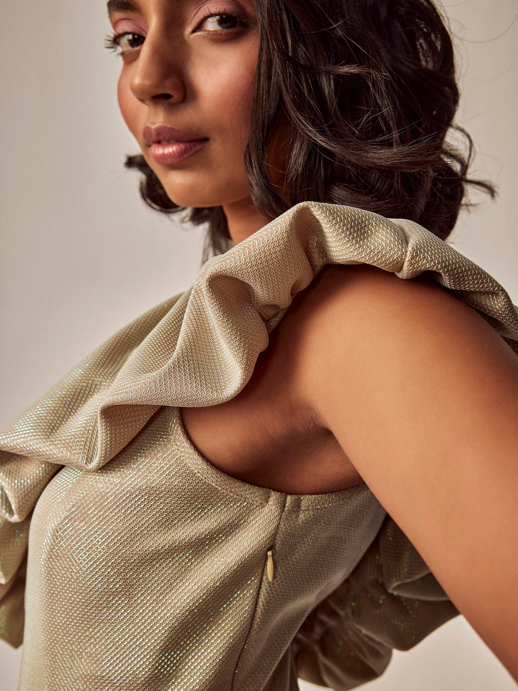 Beige Sequin One Shoulder Dress