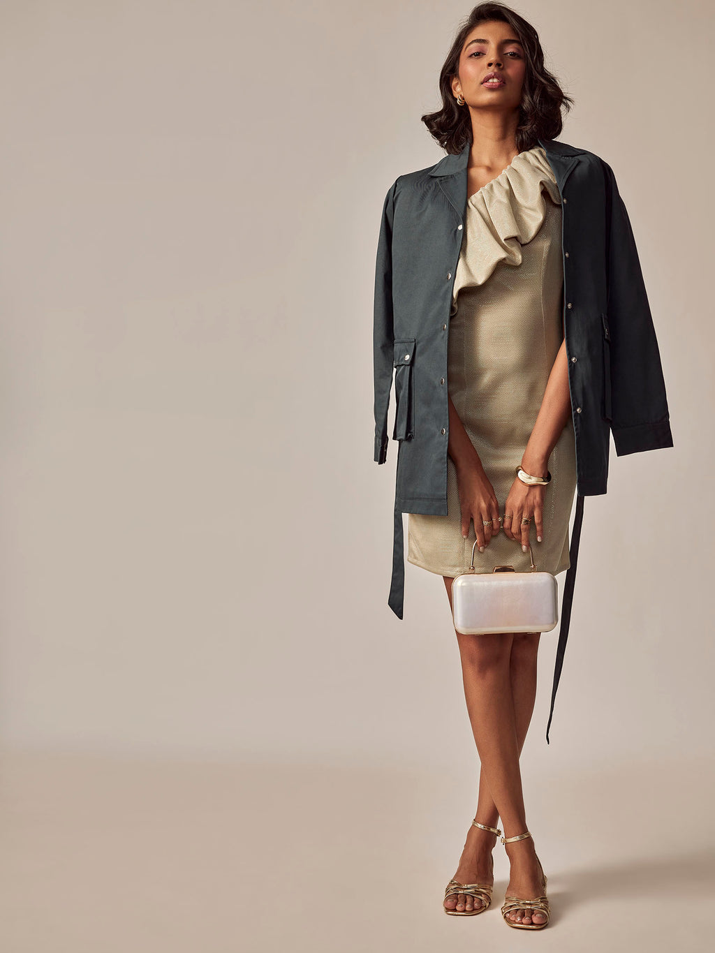 Beige Sequin One Shoulder Dress