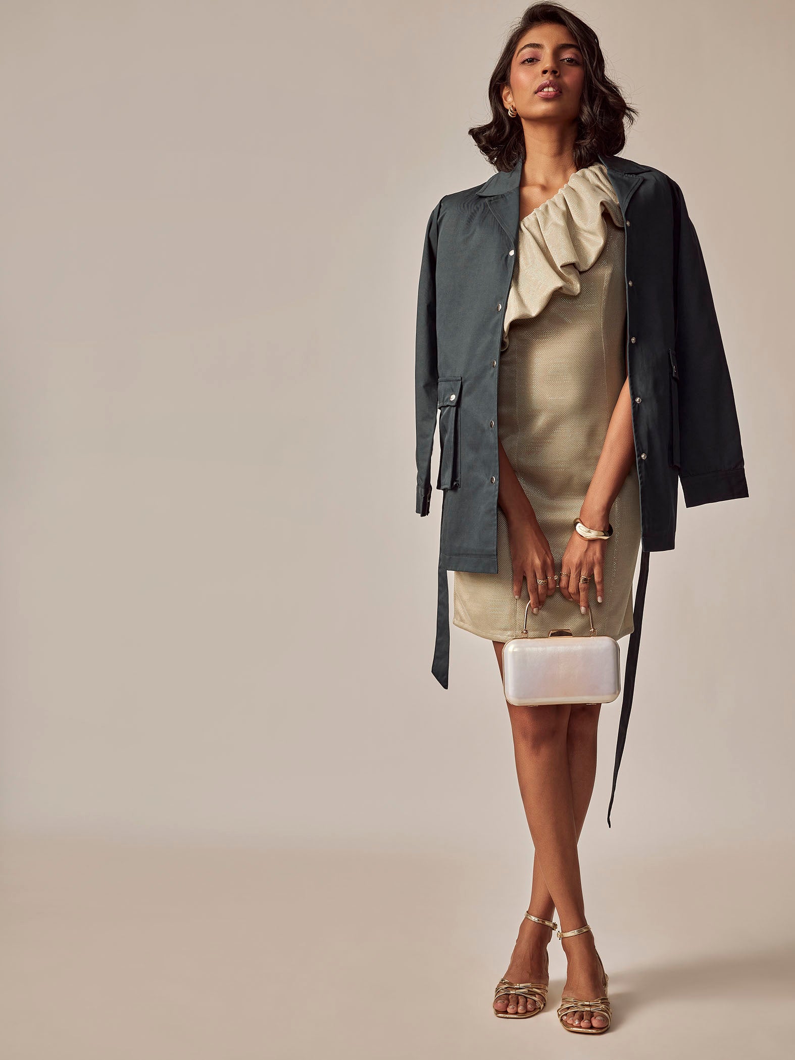 Beige Sequin One Shoulder Dress