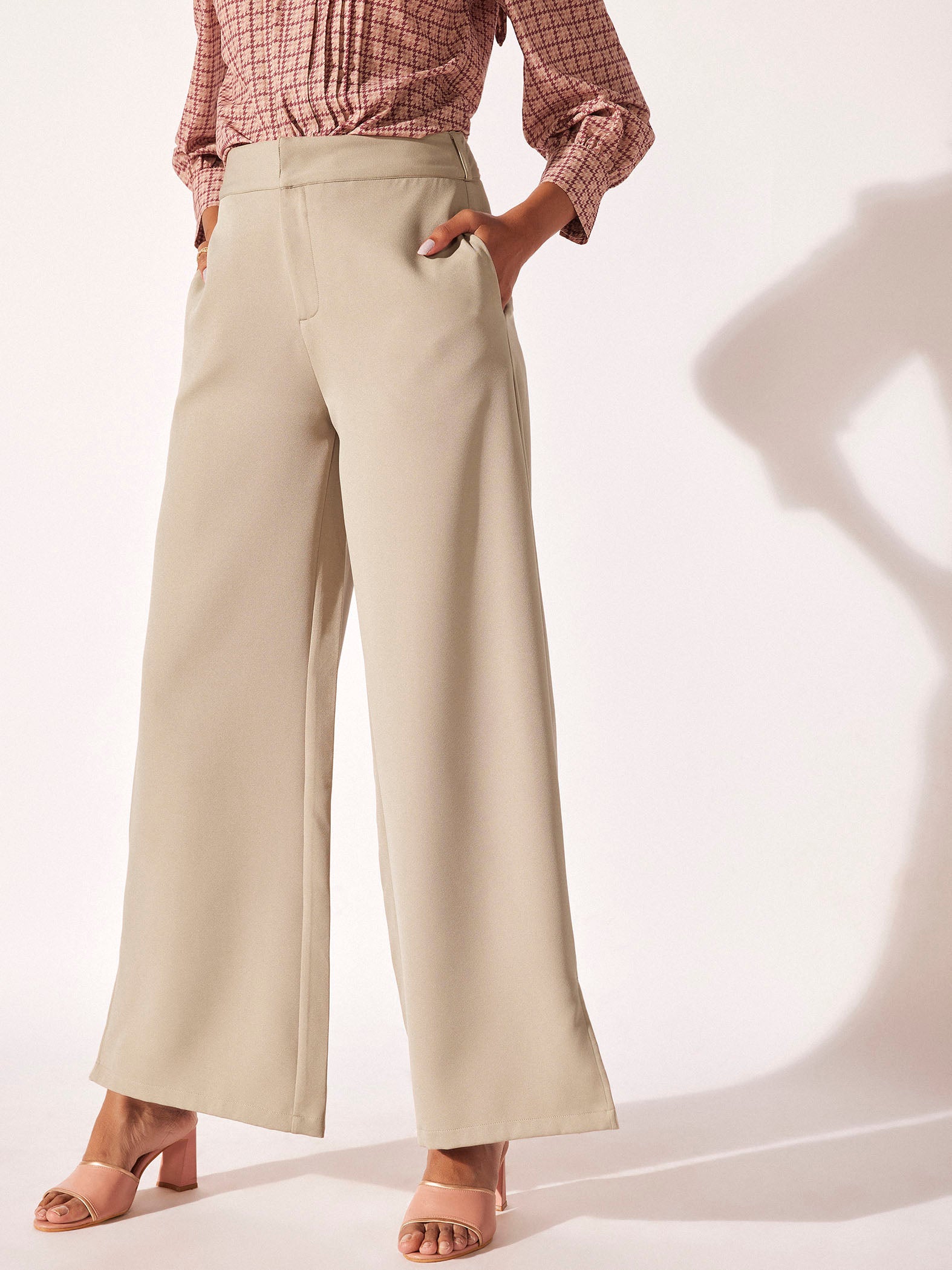 Beige Slit Detail Trousers