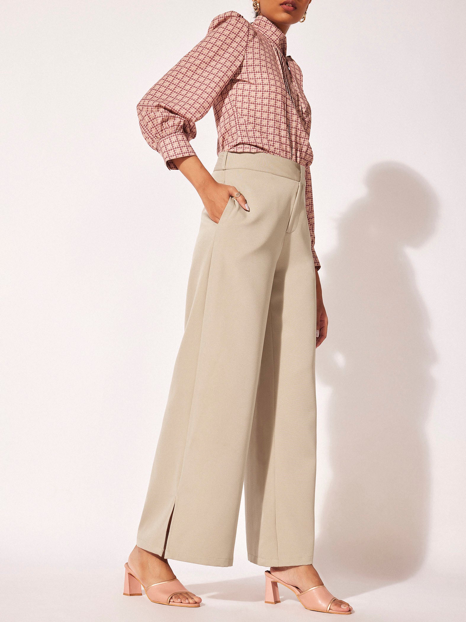 Beige Slit Detail Trousers