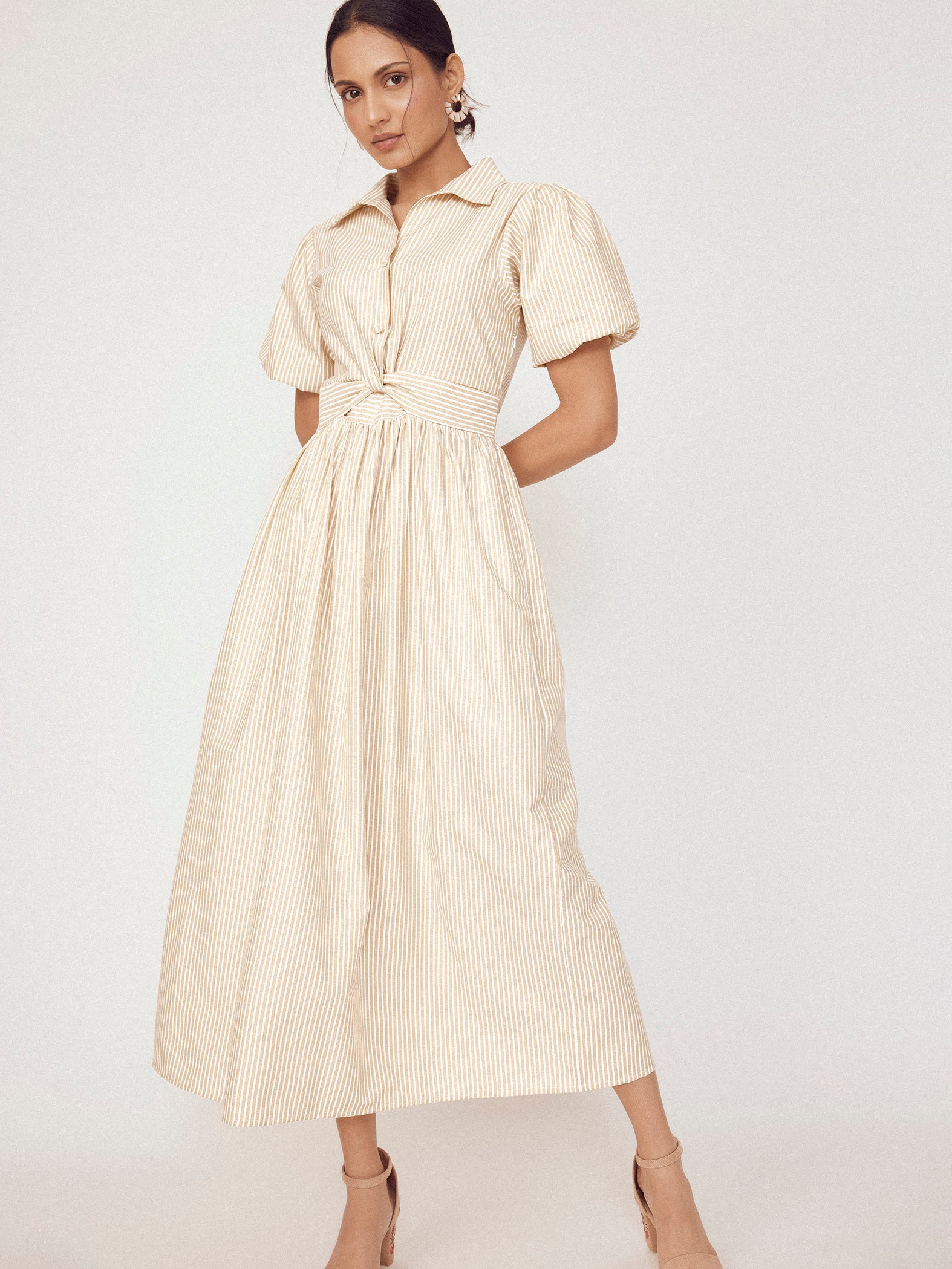 Beige Striped Front Twist Dress