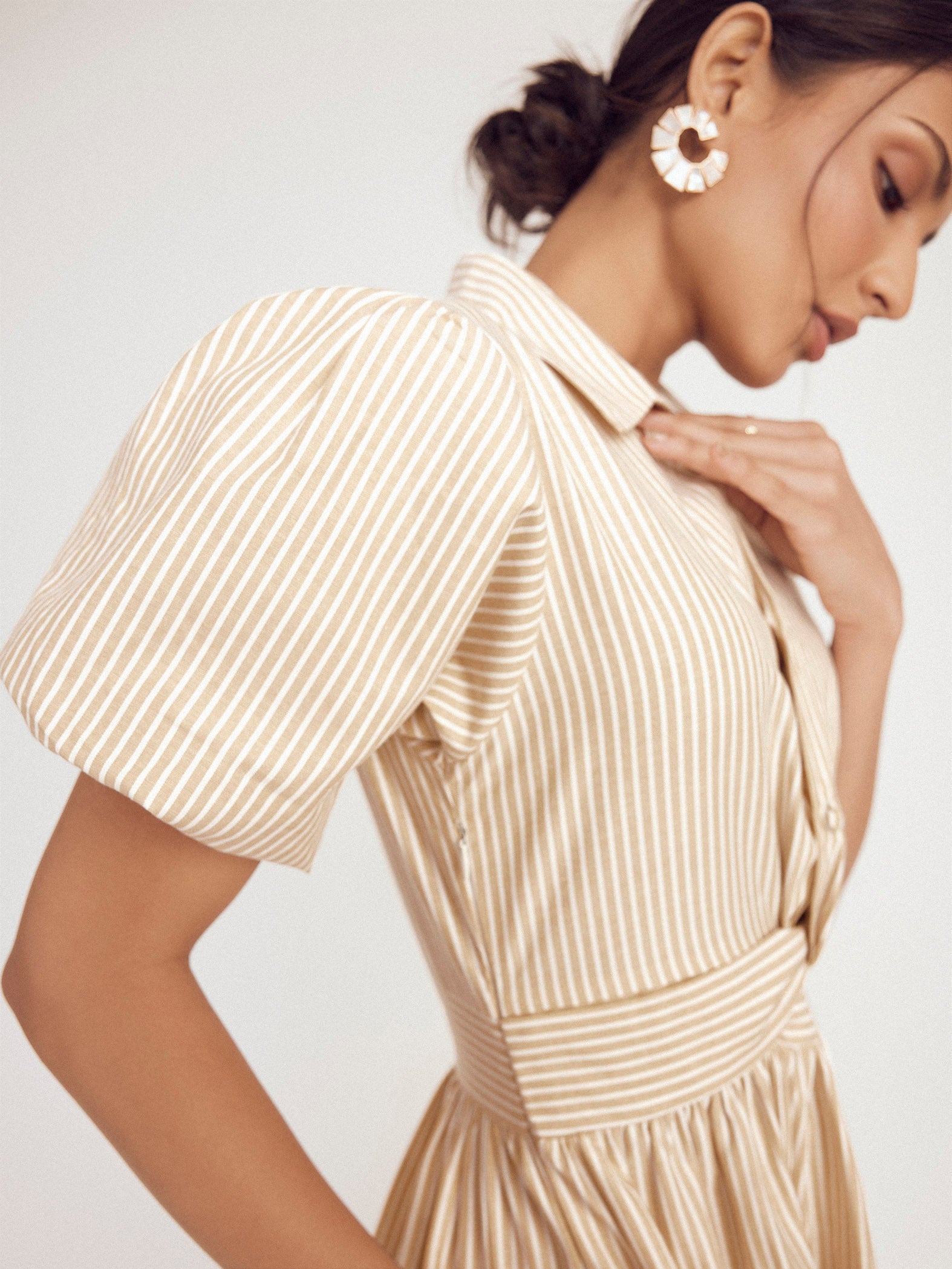 Beige Striped Front Twist Dress