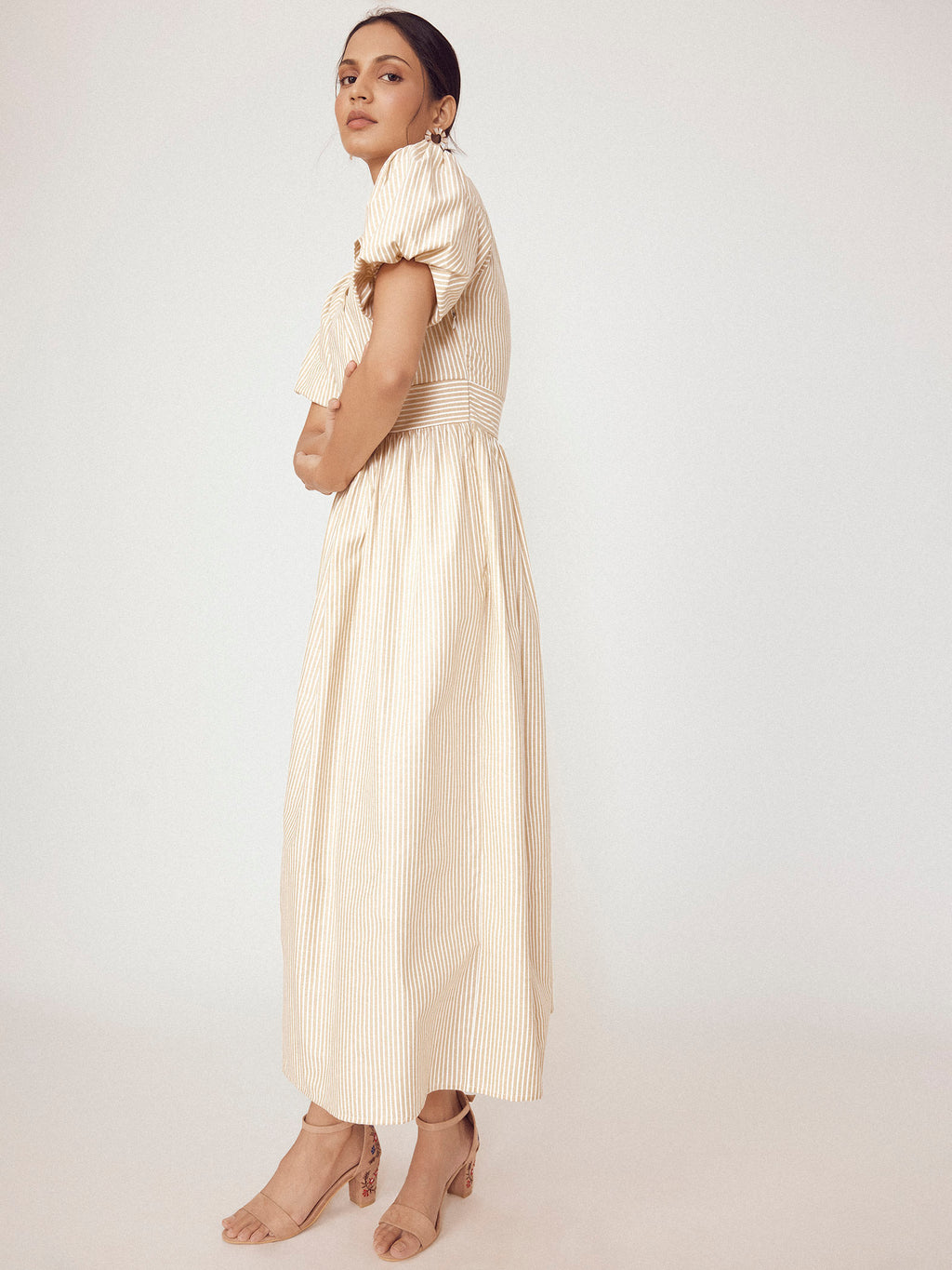 Beige Striped Front Twist Dress