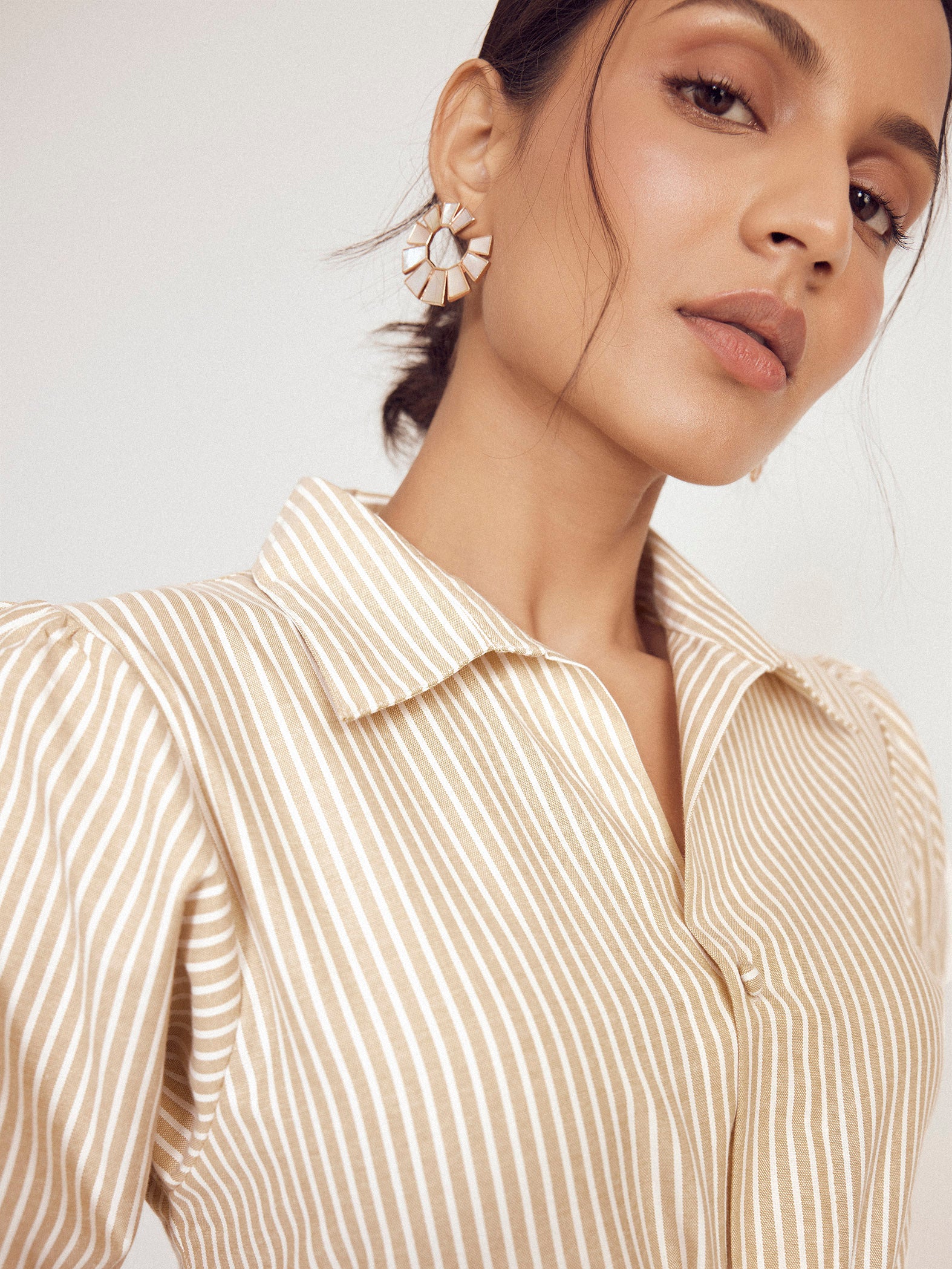 Beige Striped Front Twist Dress