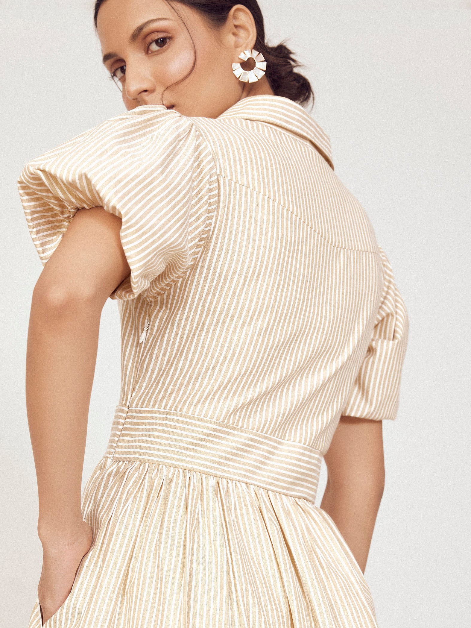 Beige Striped Front Twist Dress