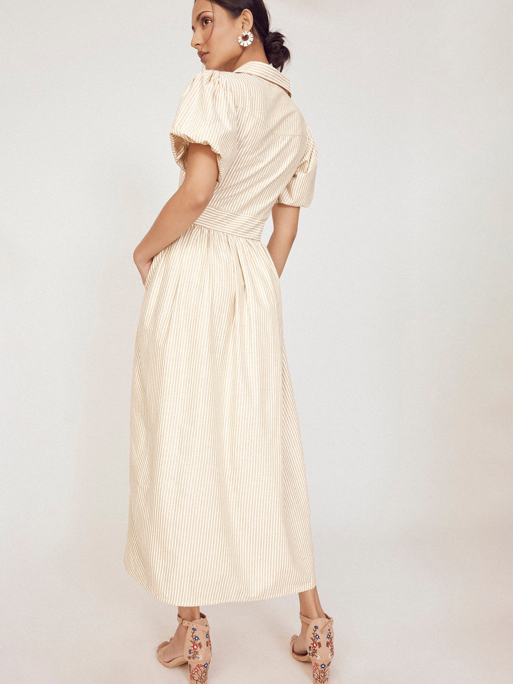 Beige Striped Front Twist Dress