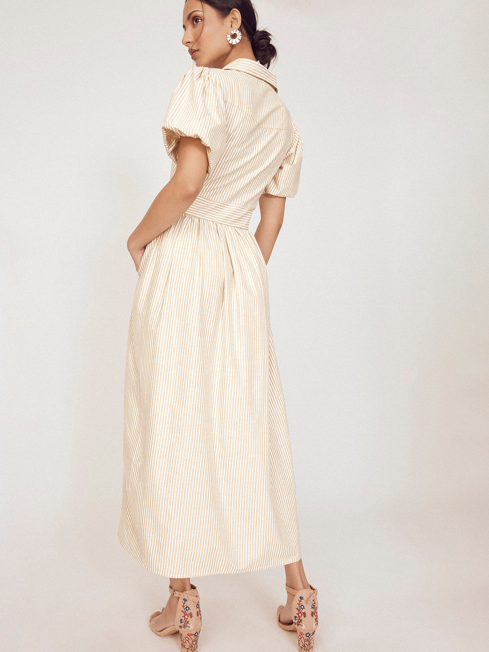Beige Striped Front Twist Dress
