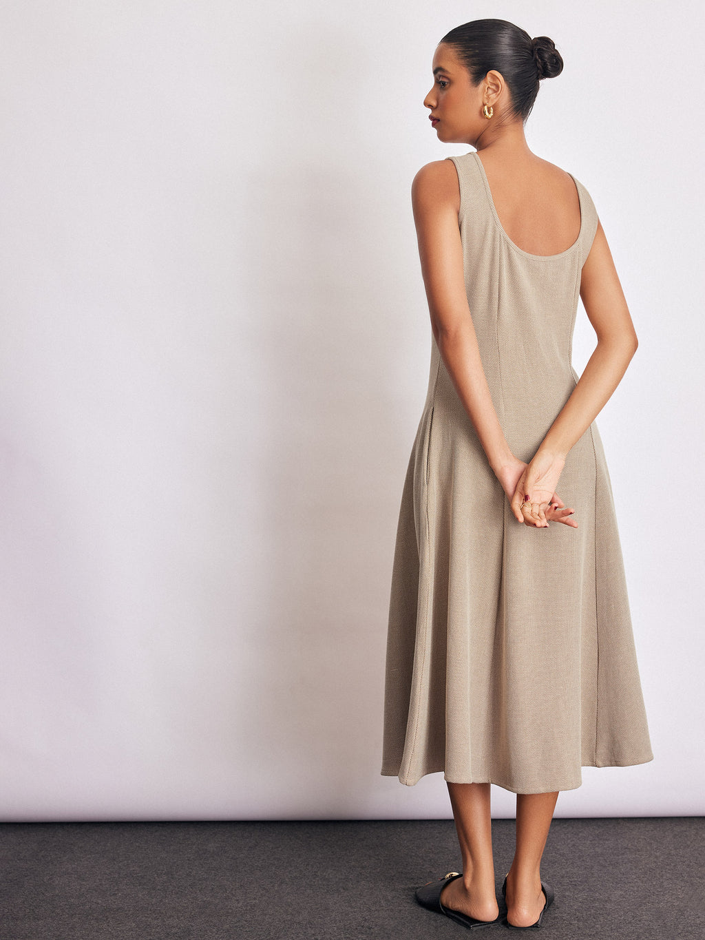Beige Textured Knit Midi Dress