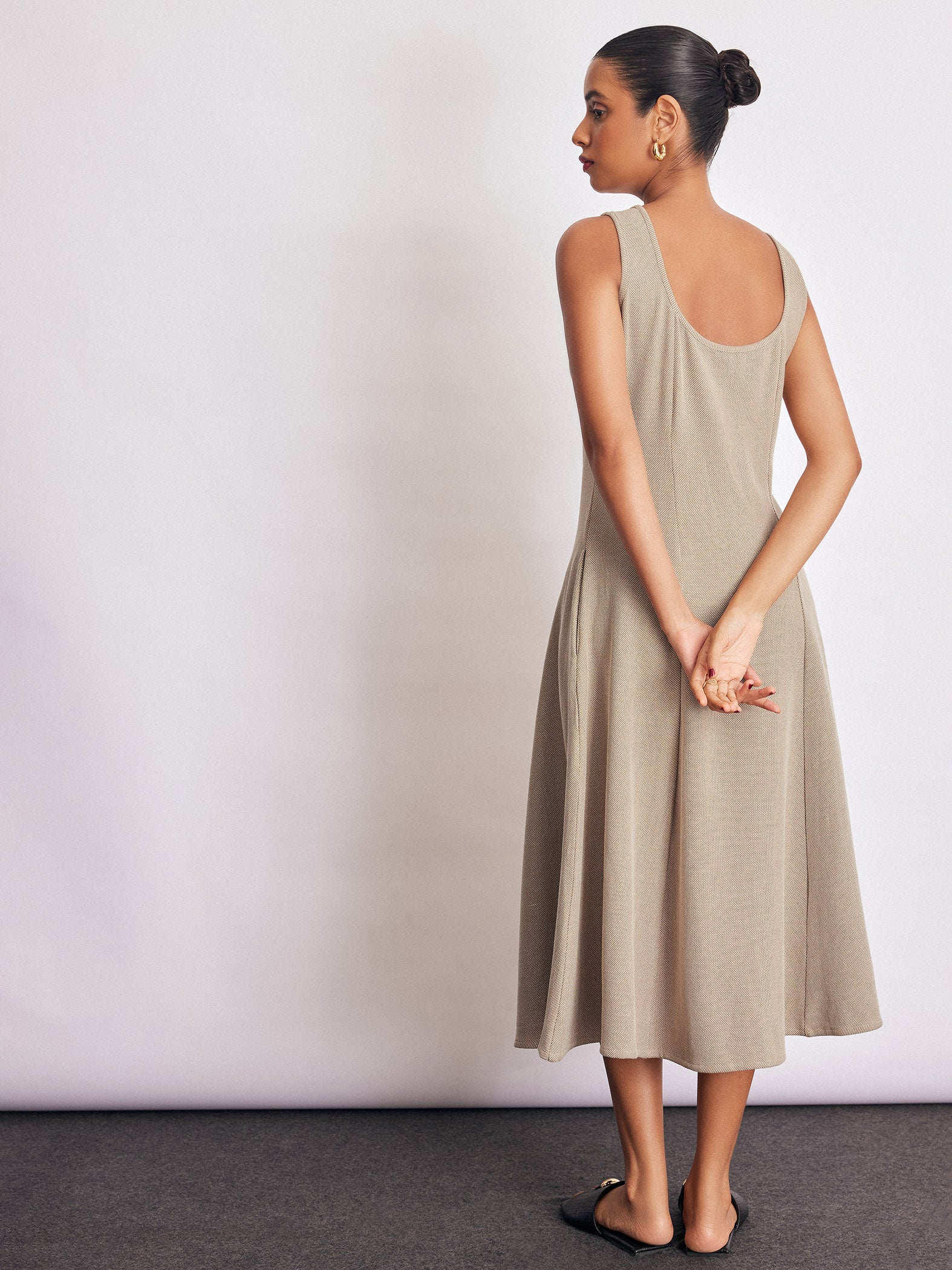 Beige Textured Knit Midi Dress