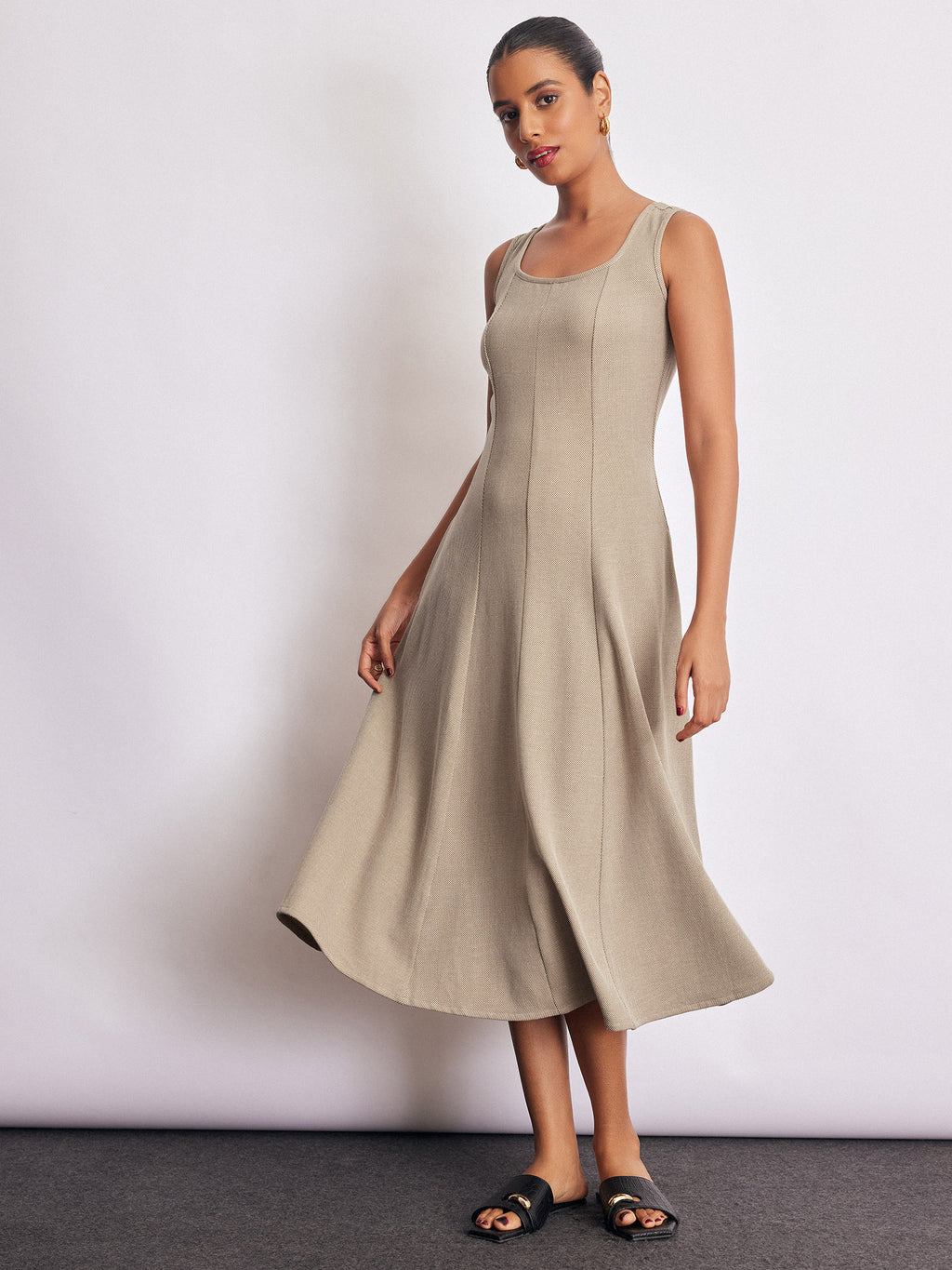 Beige Textured Knit Midi Dress
