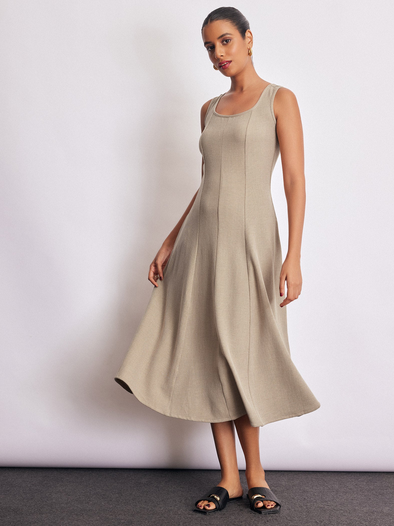 Beige Textured Knit Midi Dress