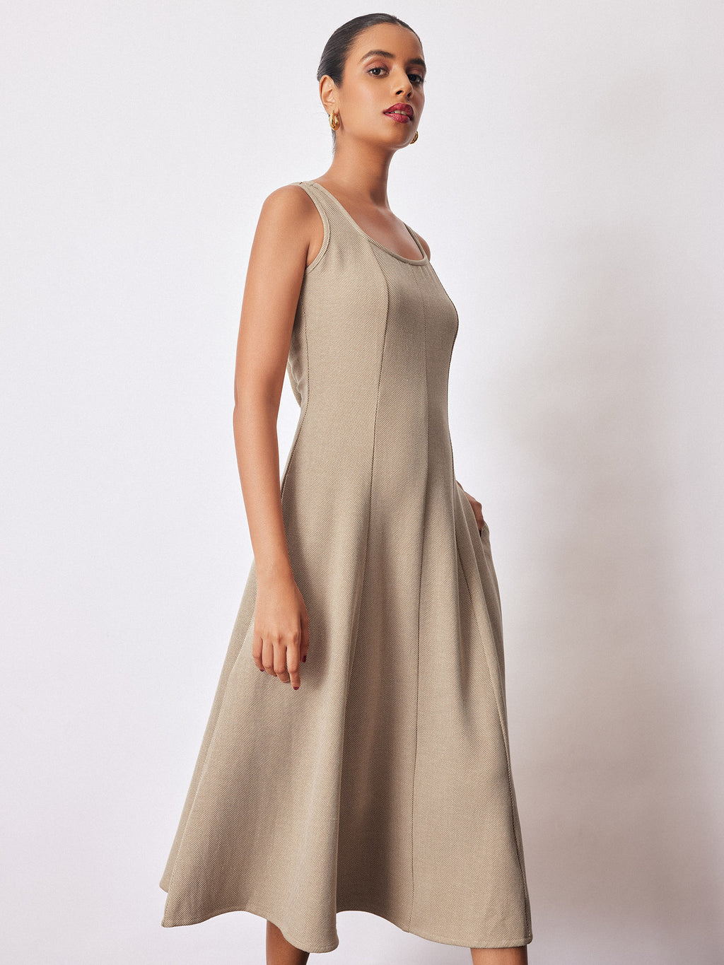 Beige Textured Knit Midi Dress