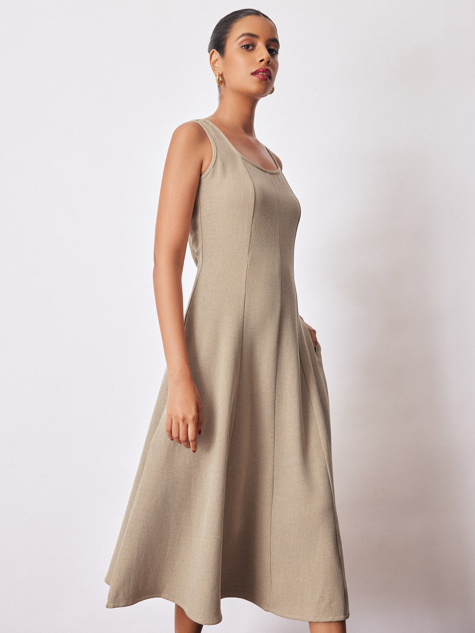 Beige Textured Knit Midi Dress