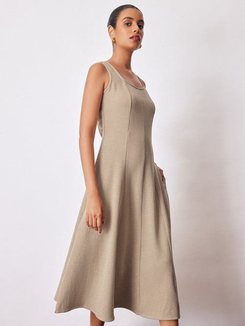 Beige Textured Knit Midi Dress