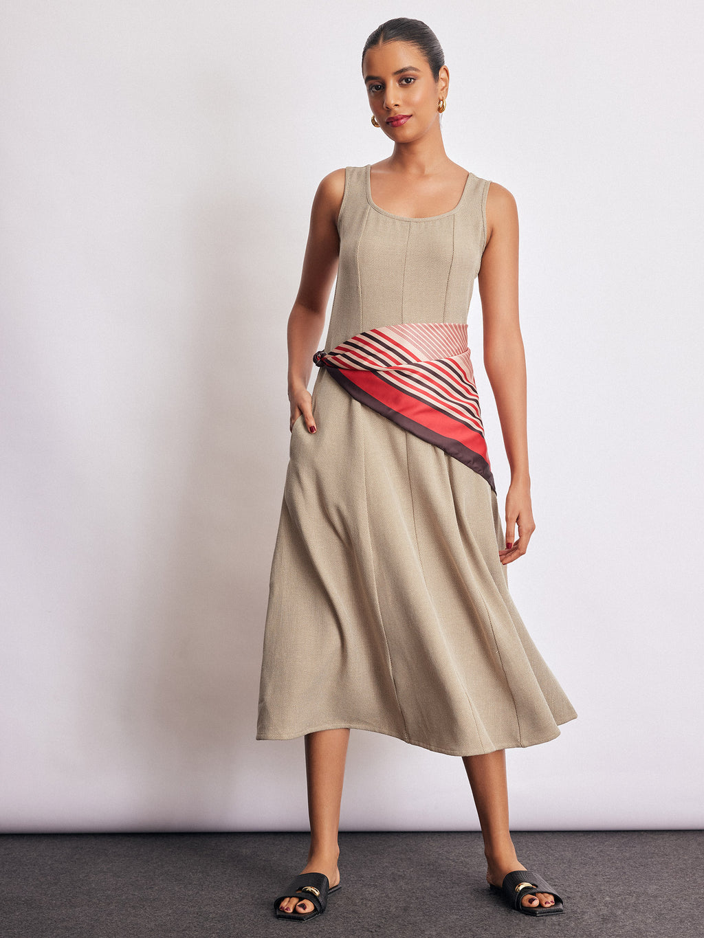 Beige Textured Knit Midi Dress