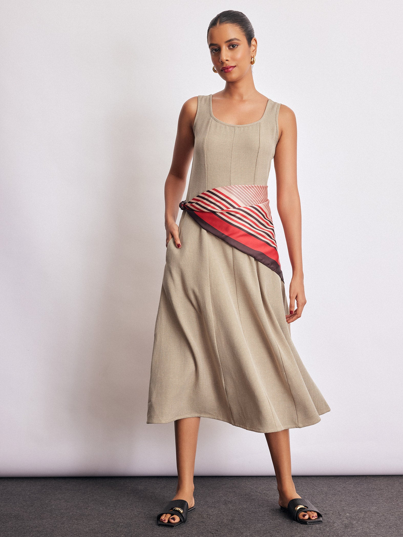 Beige Textured Knit Midi Dress