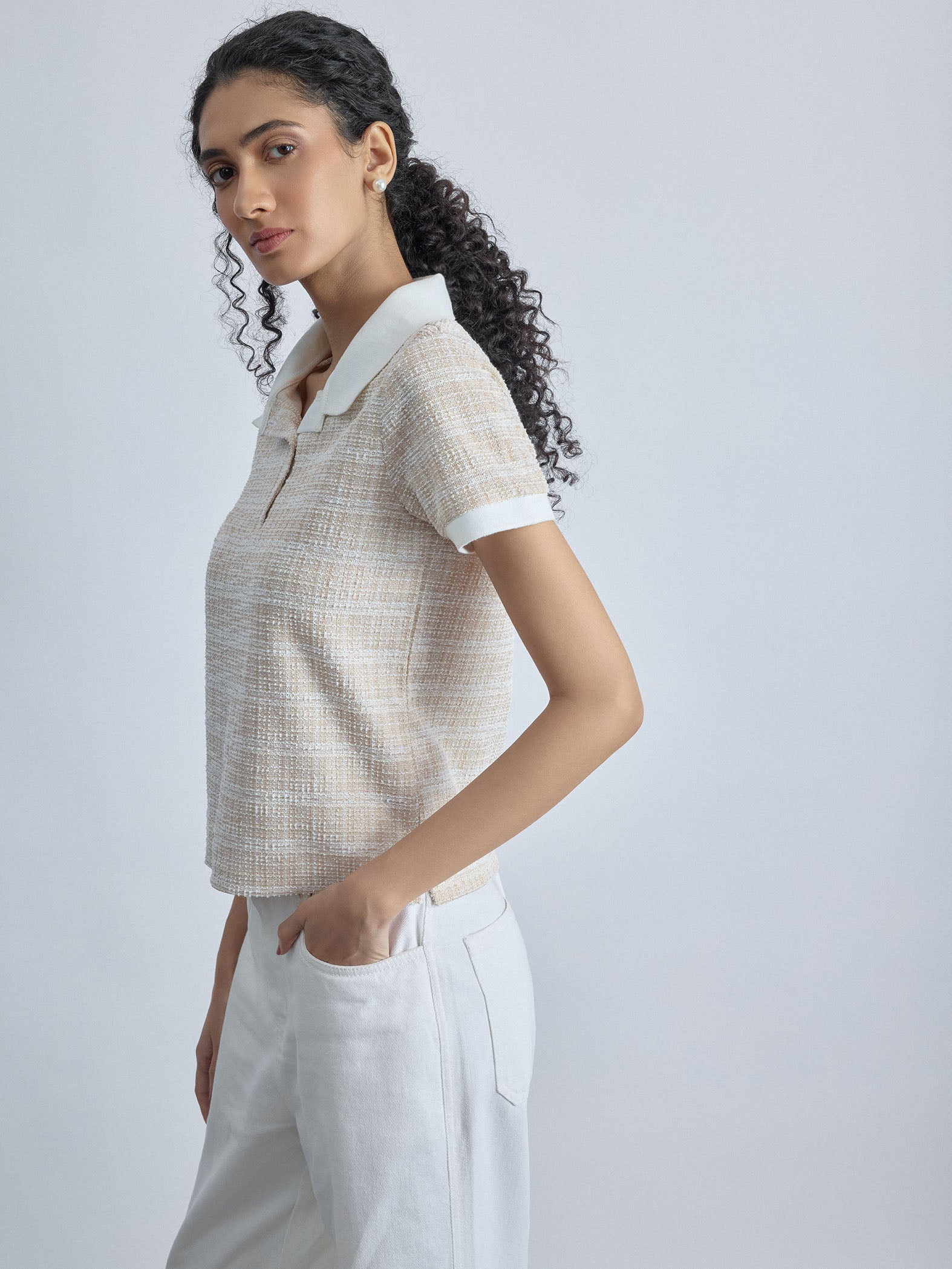 Beige Tweed Contrast Collar Top