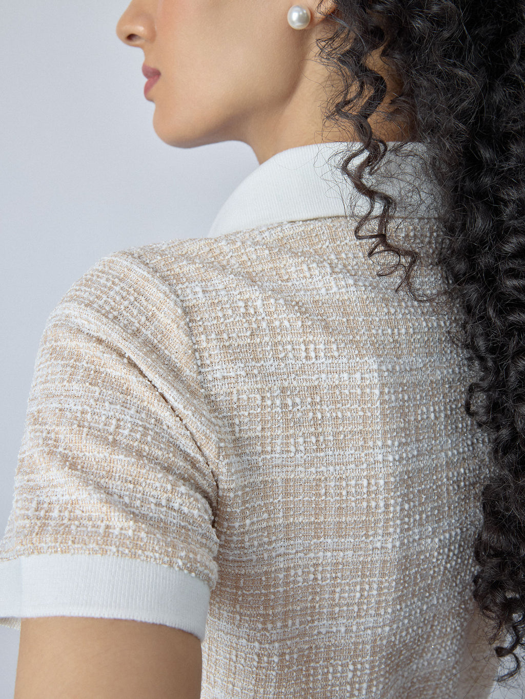 Beige Tweed Contrast Collar Top