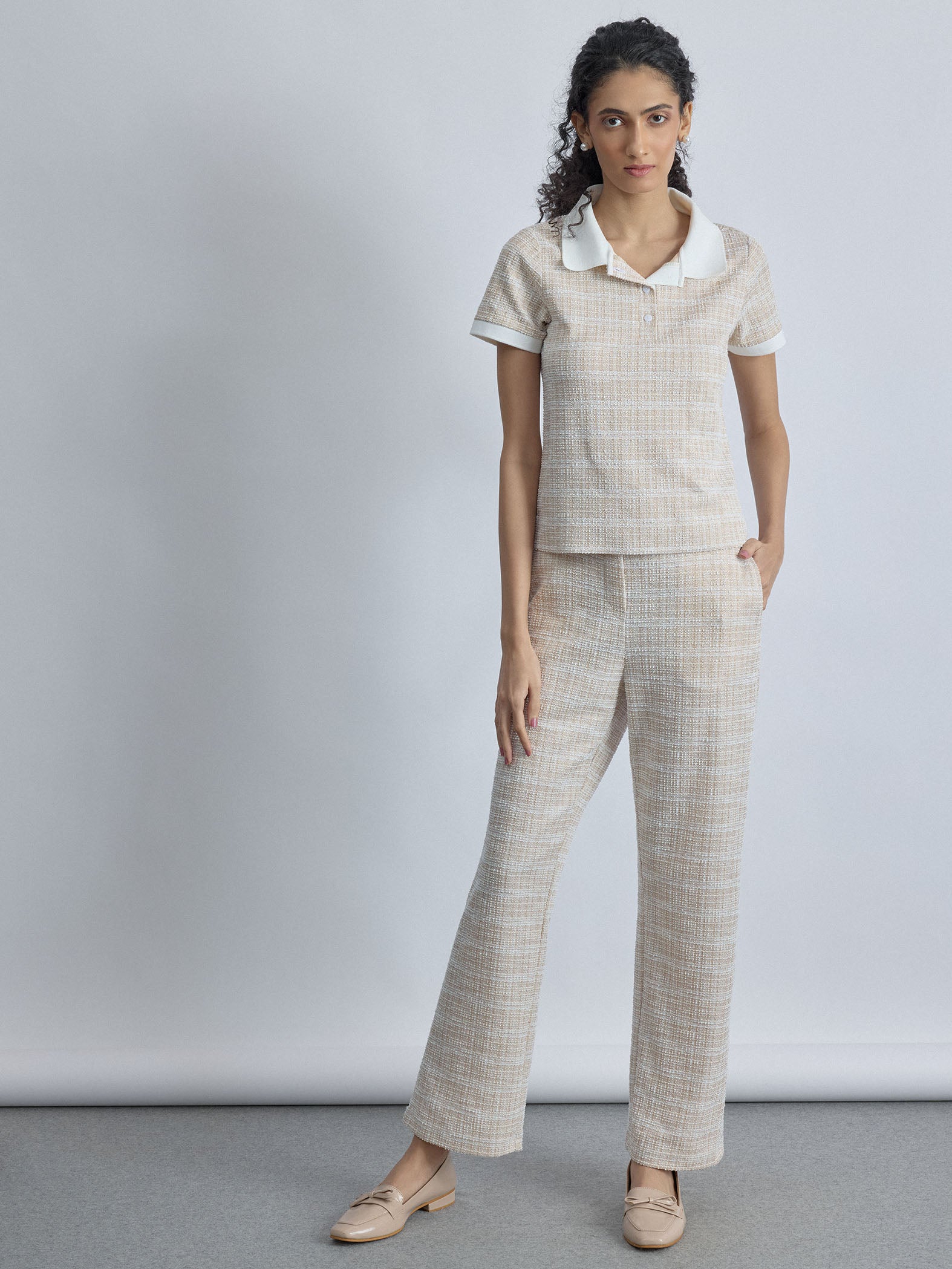 Beige Tweed Flared Pants