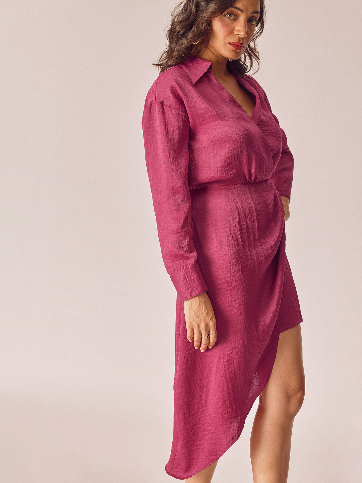 Berry Satin Asymmetric Draped Dress