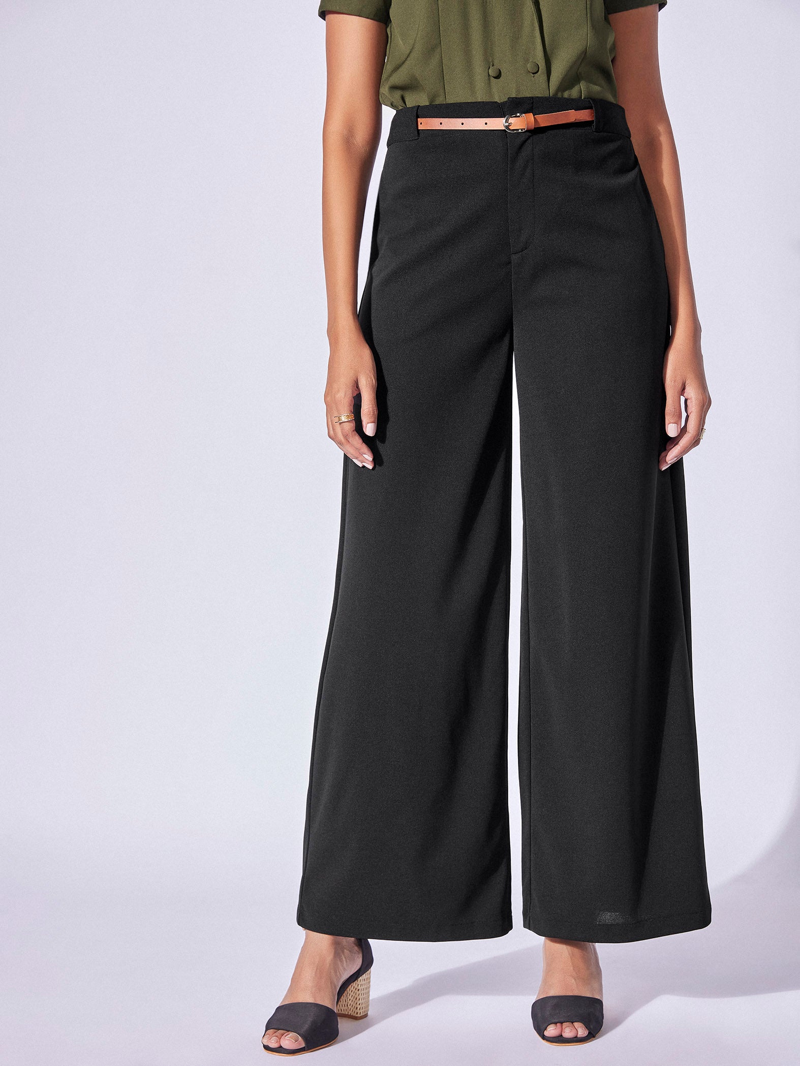 Black Belted Flare Trousers