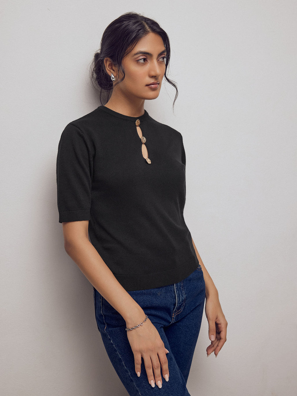 Black Button Detail Knit Top