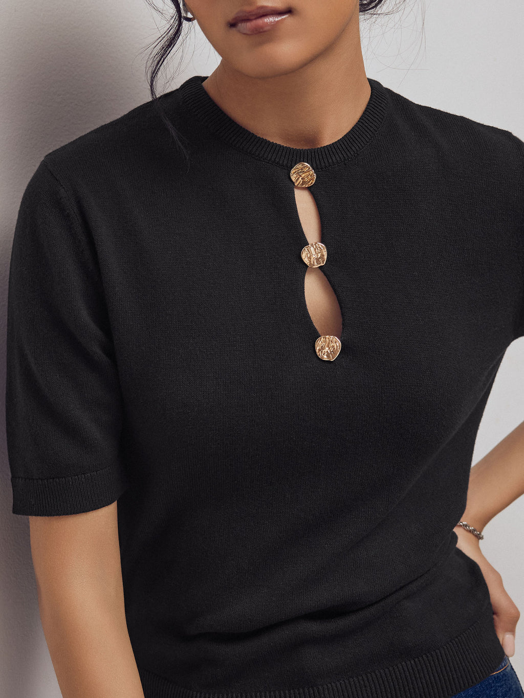 Black Button Detail Knit Top